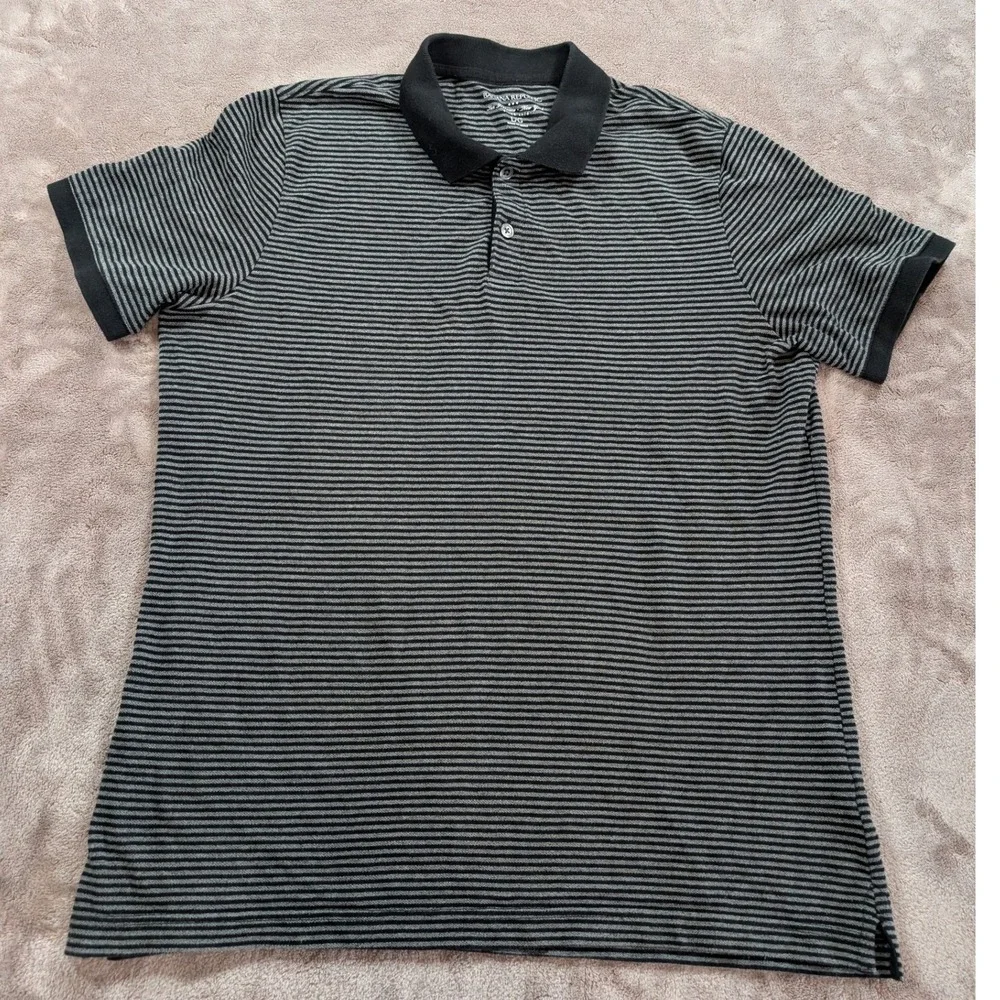 Banana Republic Mens Polo Shirt Large Black Grey Striped Short Sleeve Cotton L/G